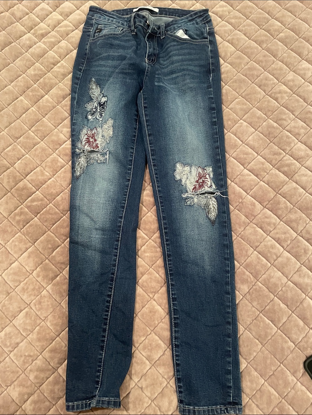 Kancan Dark Blue Skinny Jeans with Floral Embroidery